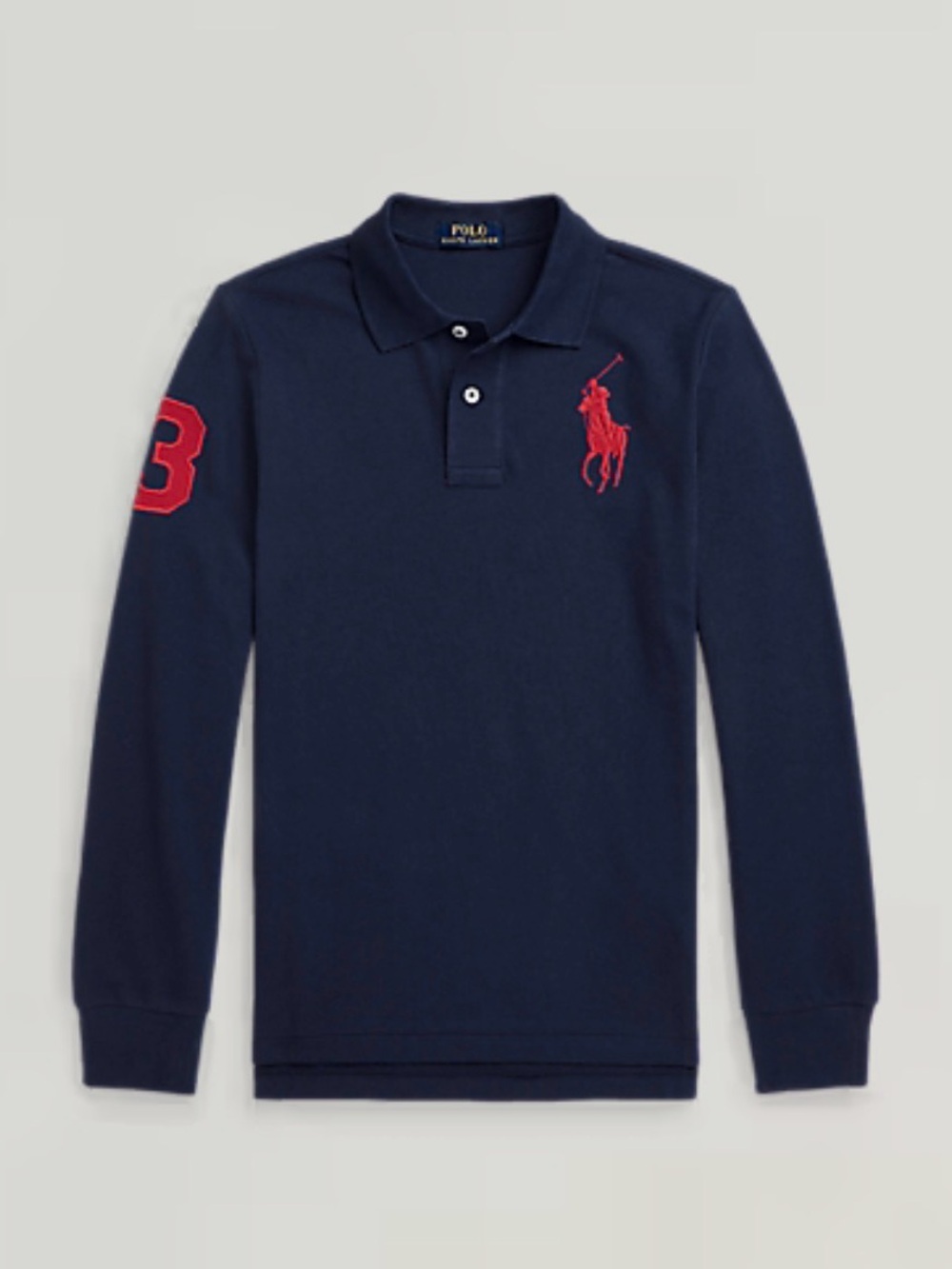 Ralph Lauren Navy Long-Sleeve Polo with Red Pony & Sleeve Patch 10-12